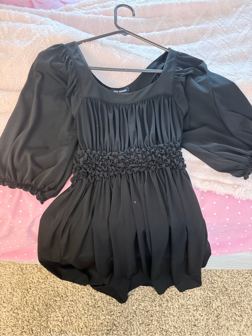 Max Edition Black Smocked Empire Waist Puff Sleeve Blouse